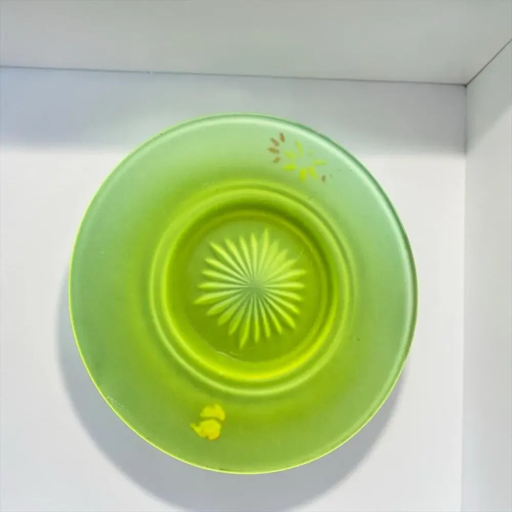 Vintage Uranium Vaseline Glass Plate Frosted Satin Yellow Green Starburst